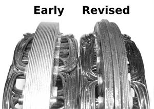 side by side difference between early and revised square back stators